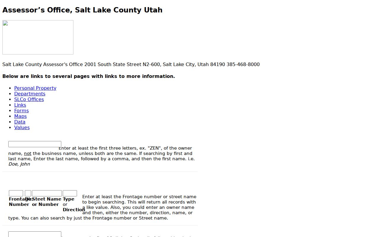 Cottonwood Heights people search fields in the Salt Lake County Assessor portal